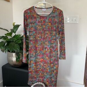 LulaRoe multicolor midi dress Sz XS fitted stretchy crewneck long sleeves